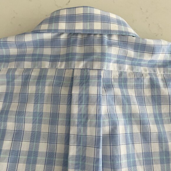 Izod Slim Fit LS Button Down Cotton Poly Plaid Dress Shirt Blue & Wht Sz 17.5 - Picture 8 of 13